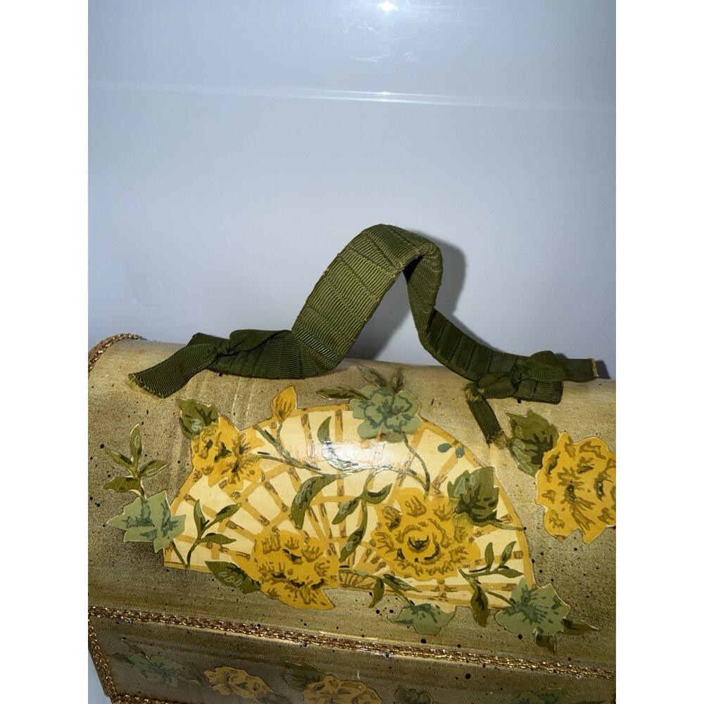 Vintage Metal Work Lunchbox Purse Dome Top Decoupage Painted Roses Yellow 10x8” - Picture 4 of 10